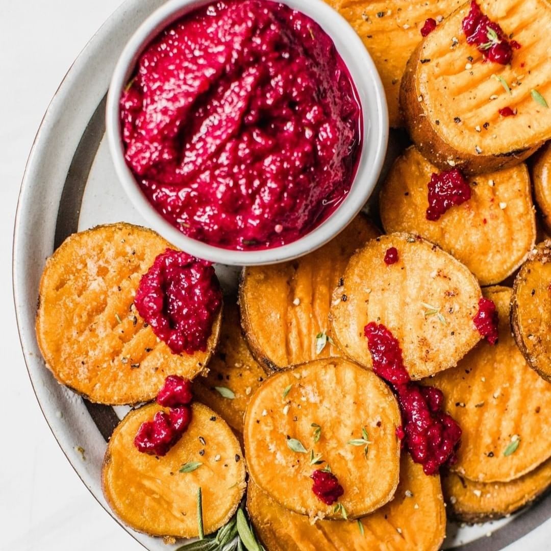 Smashed Sweet Potatoes with Beet Garlic Aioli