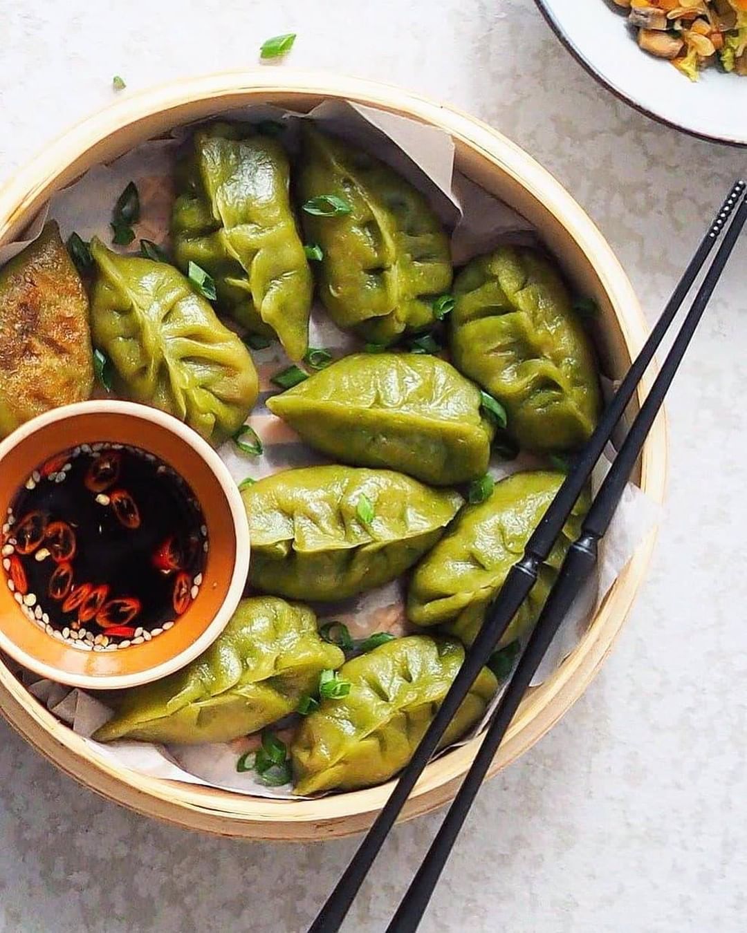 Vegan Matcha Potstickers with Fresh Vegetables