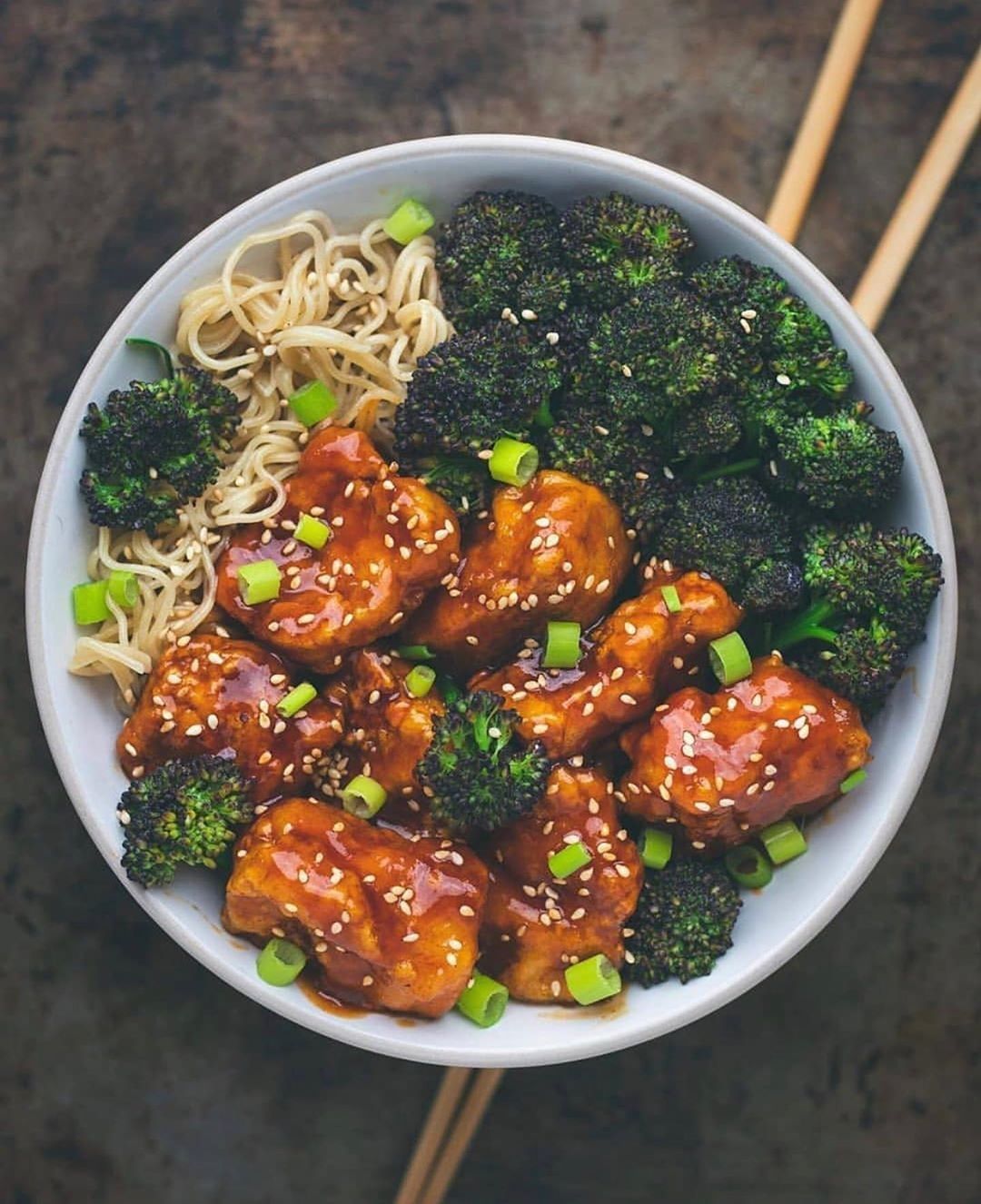 Sticky and Saucy, Maple Sriracha Tofu with Brown Rice Ramen and Purple Sprouting Broccoli