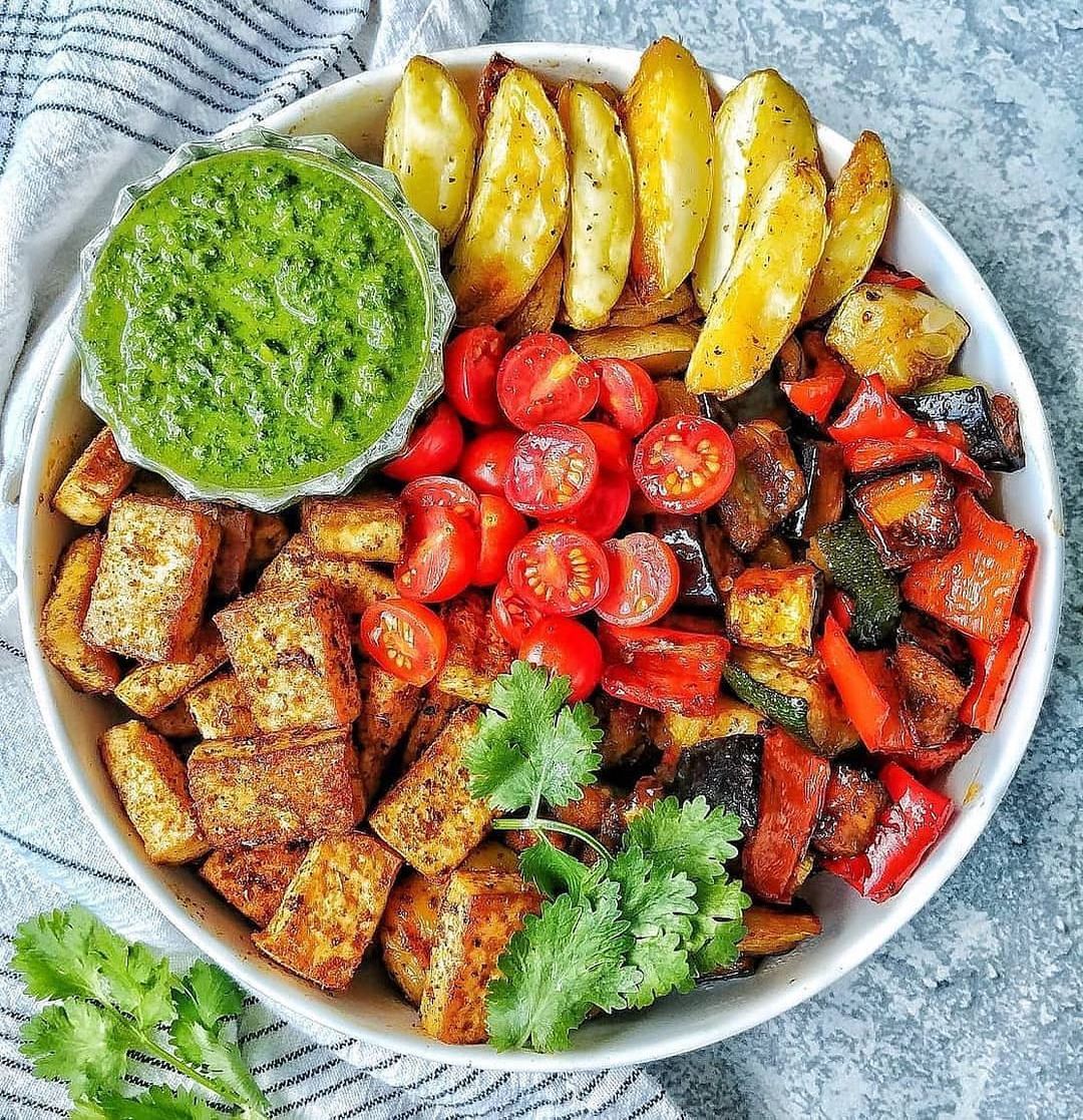 Crispy Baked Tofu with Sweet BBQ Veggies, Oregano Fries, and Chimichurri