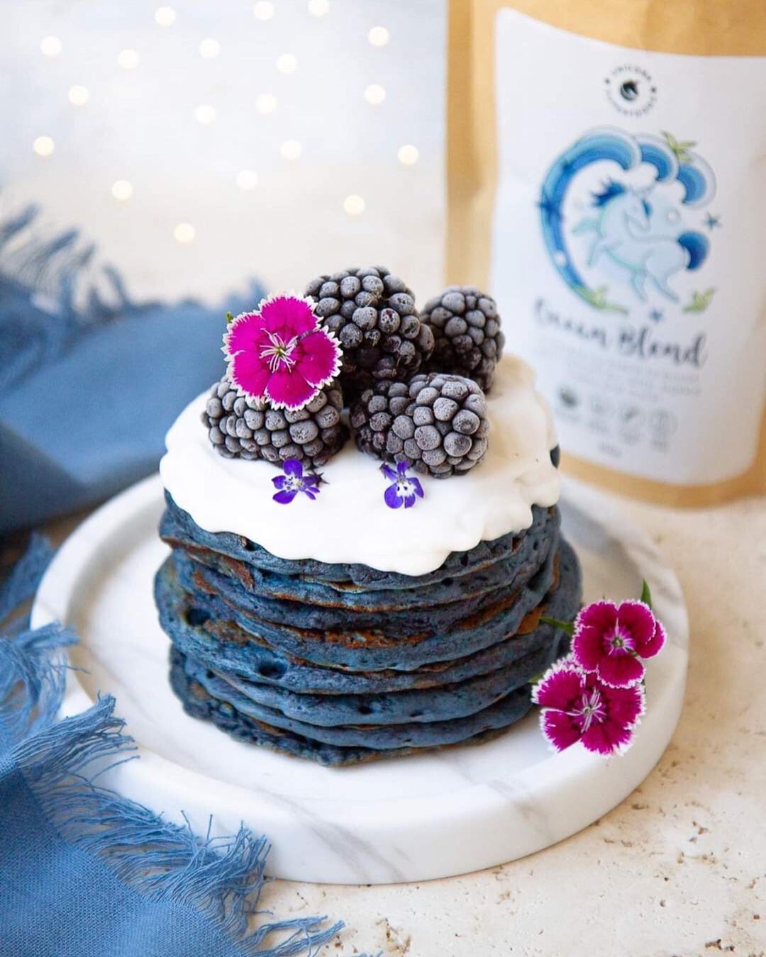 Vibrant Smurf Blue Pancakes with Toppings
