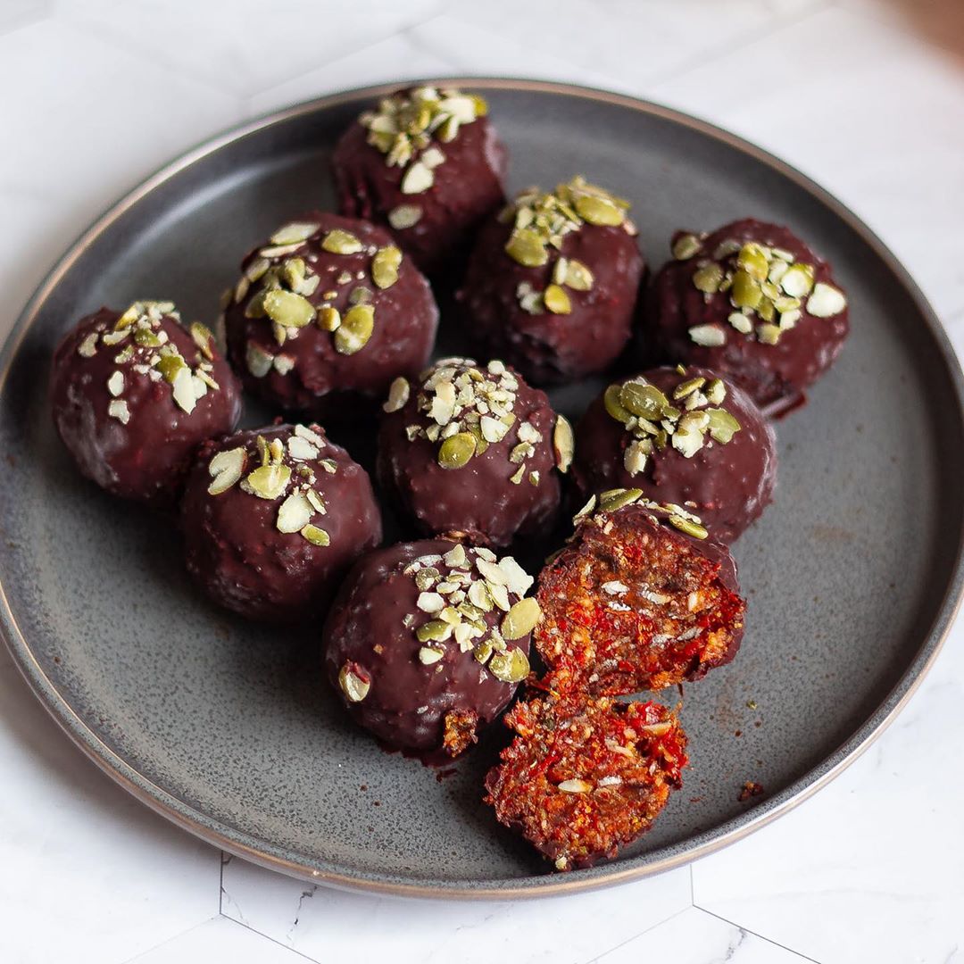 Chocolate covered goji berry grapefruit bliss balls