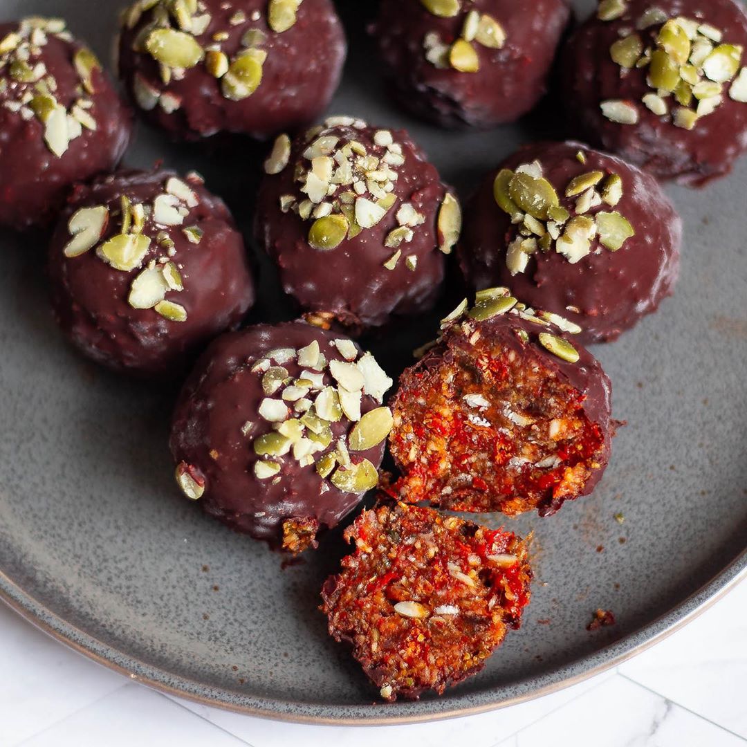 Chocolate covered goji berry grapefruit bliss balls