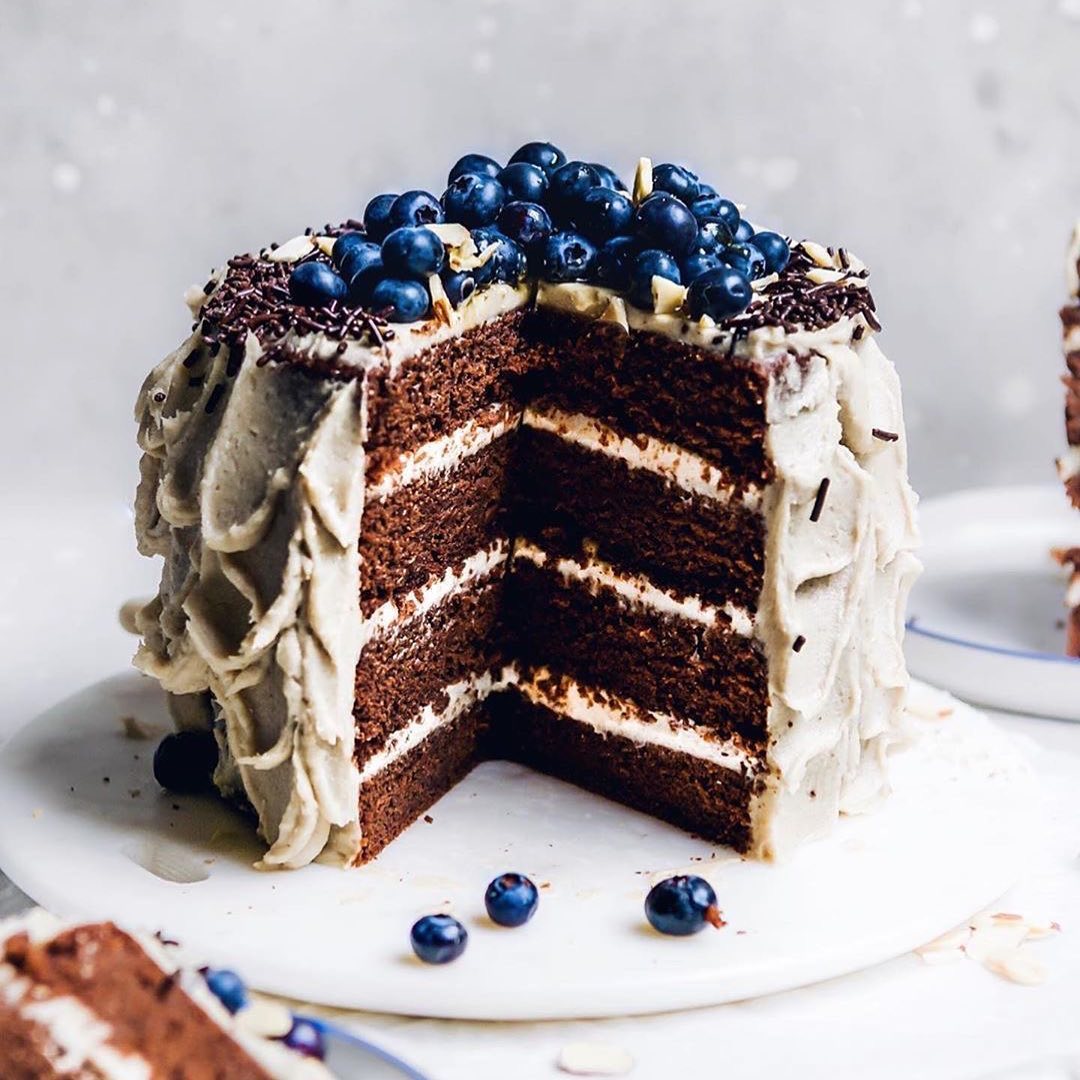 Chocolate layer cake with chai cashew buttercream frosting