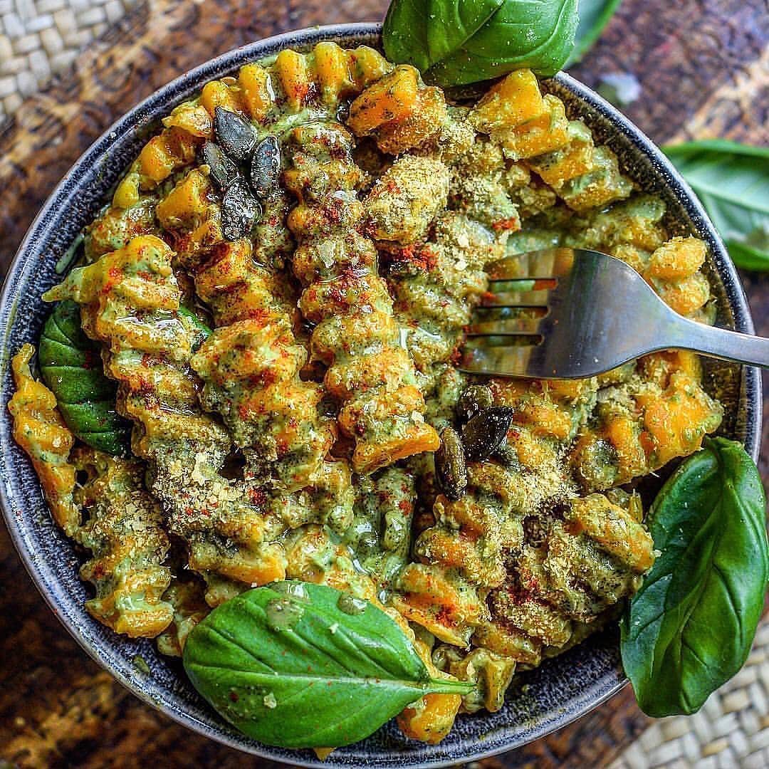 Butternut Squash Fusilli with Avocado and Pumpkin Seed Butter Pesto