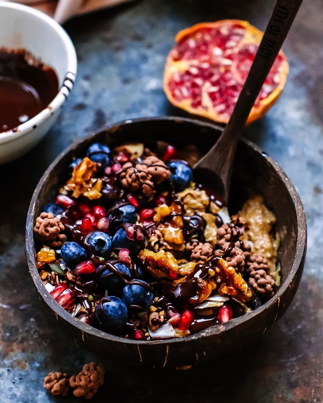 Thick Peanut Smoothie Bowl with Berries and Granola