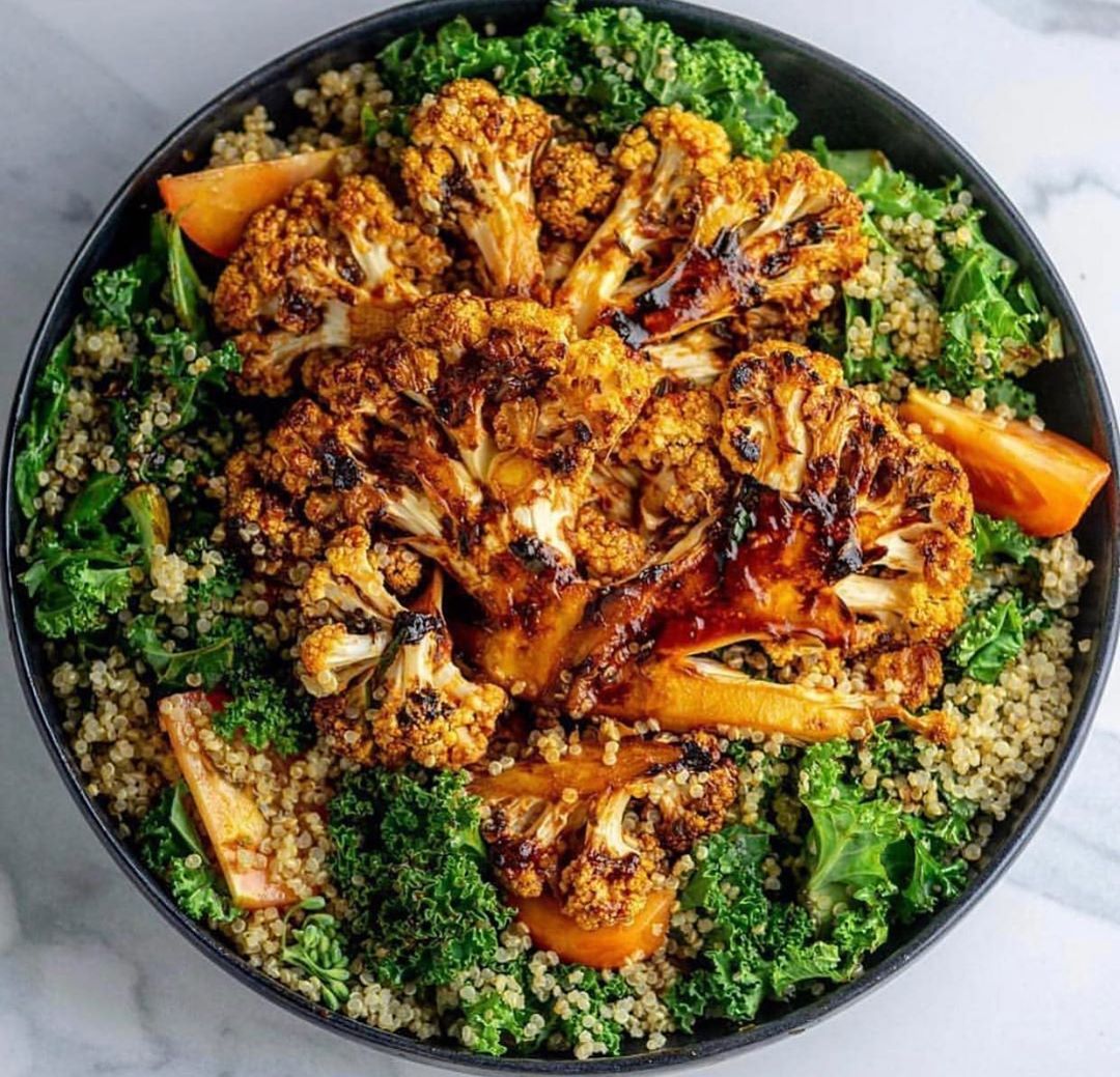 Smokey Cauliflower Steak with Roasted Quinoa and Kale Salad