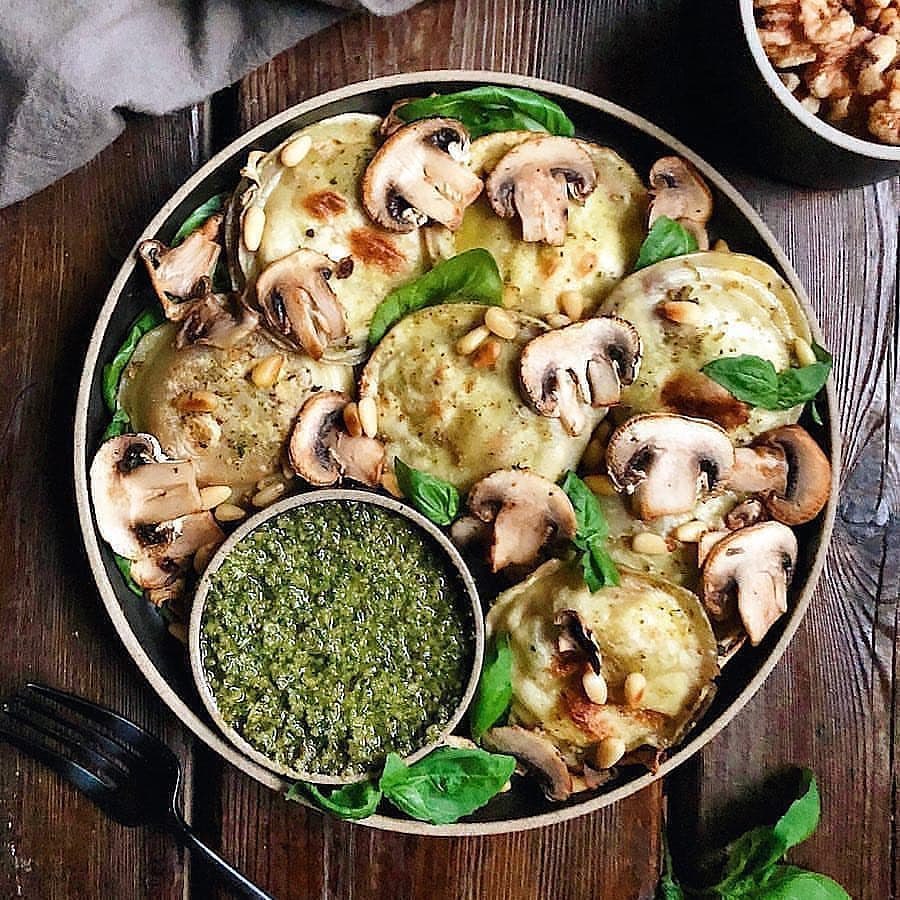 Crispy Roasted Ravioli with Basil Walnut Pesto