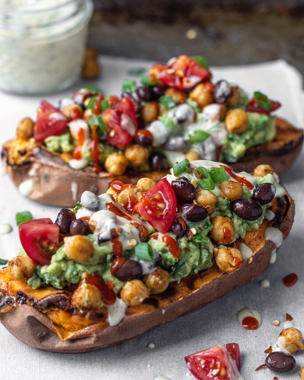 Baked Sweet Potatoes with Beans and Guacamole
