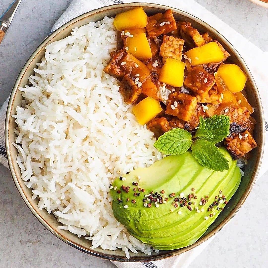 Mango tempeh with avocado rice bowl