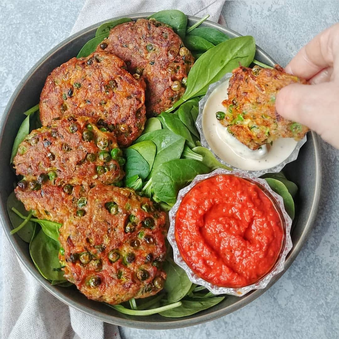 Crispy Zucchini Pea Cakes with Mustard Tahini Dip