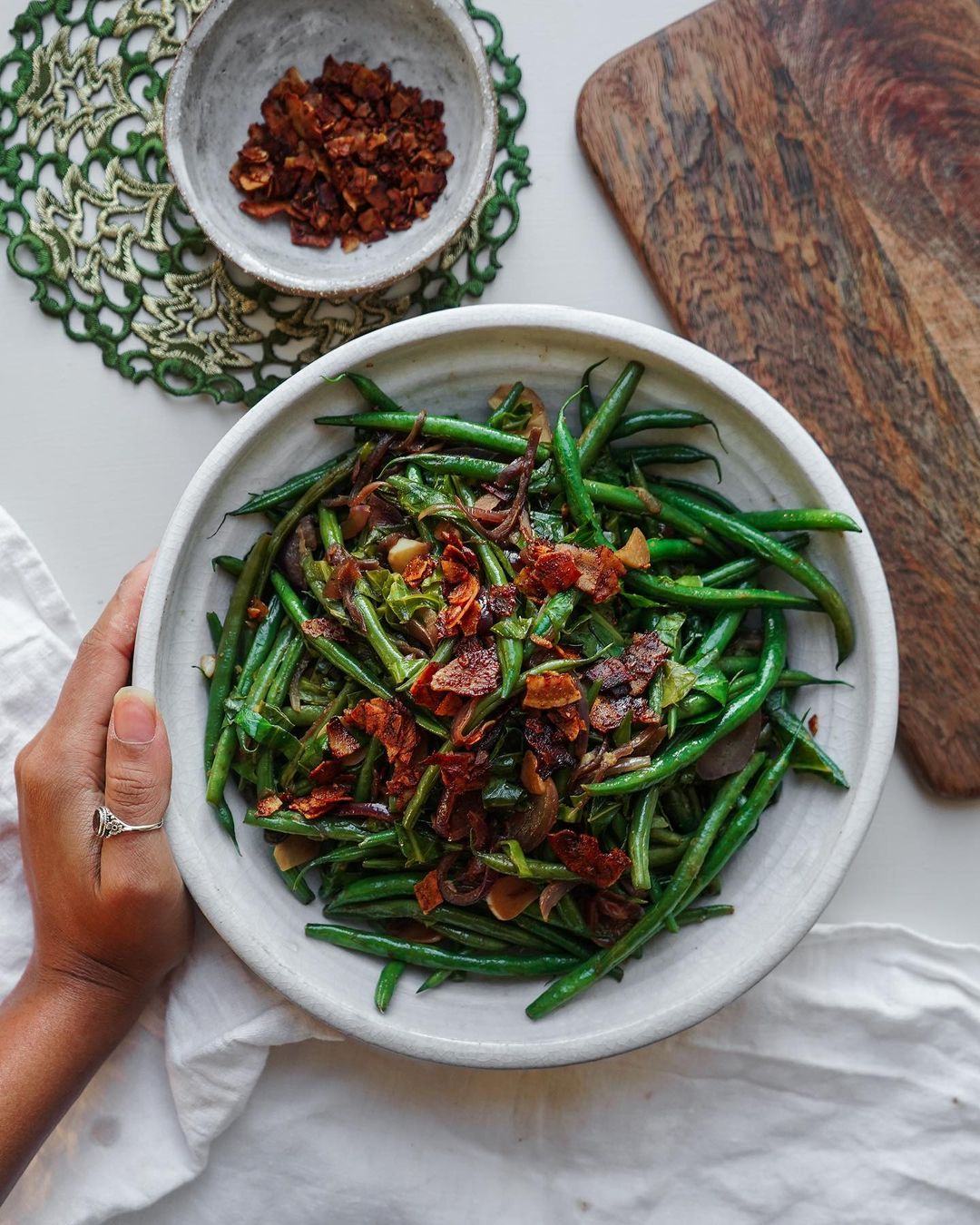 Caramelized Onion Garlic Green Beans with Smoky Coconut