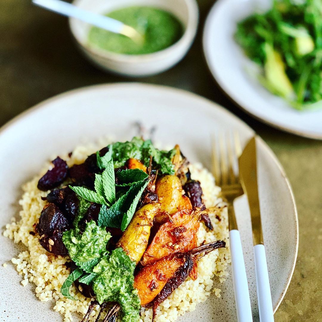 Spice-roasted vegetables with chickpeas, millet and chermoula