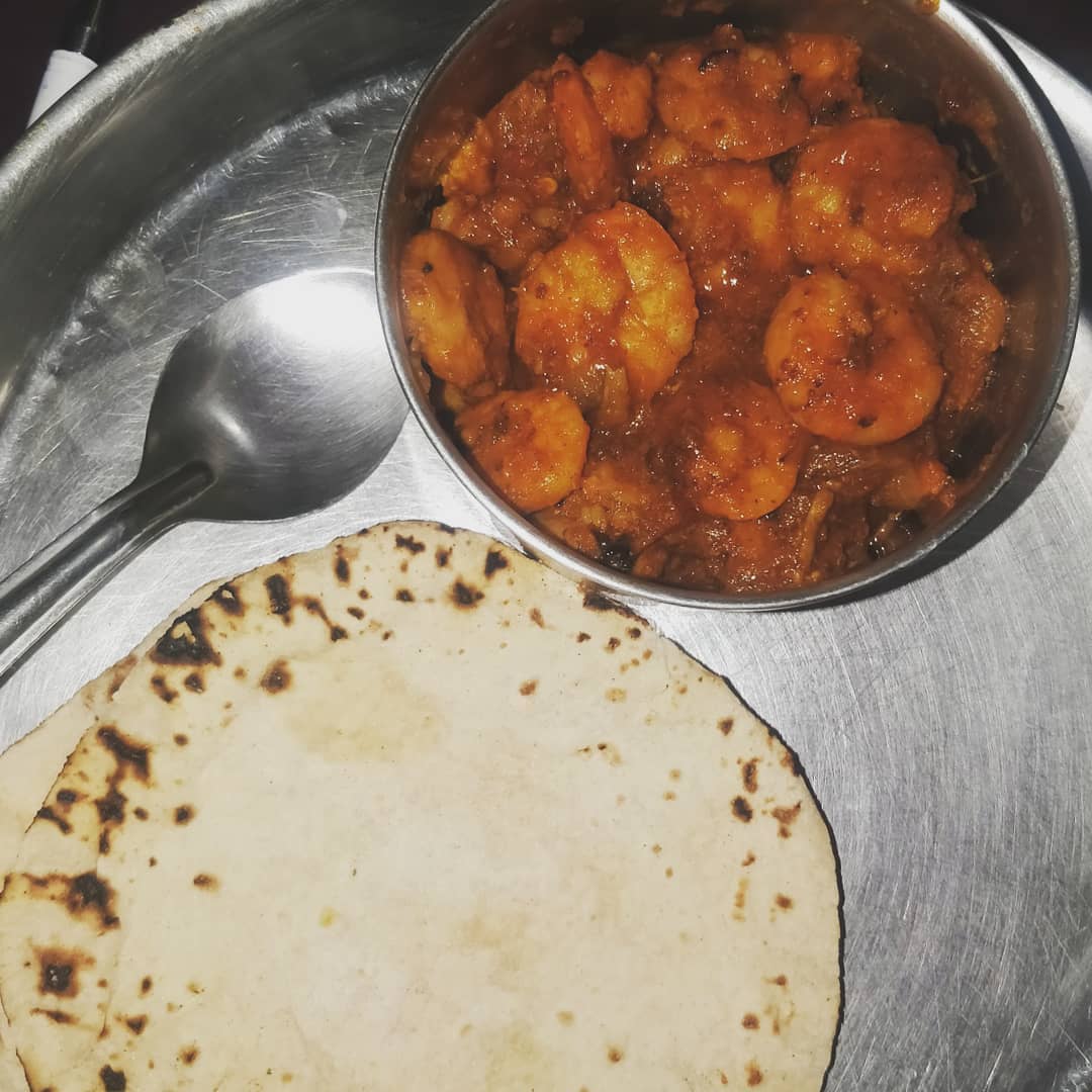 Spicy Prawn Curry with Tomato Puree and Roti