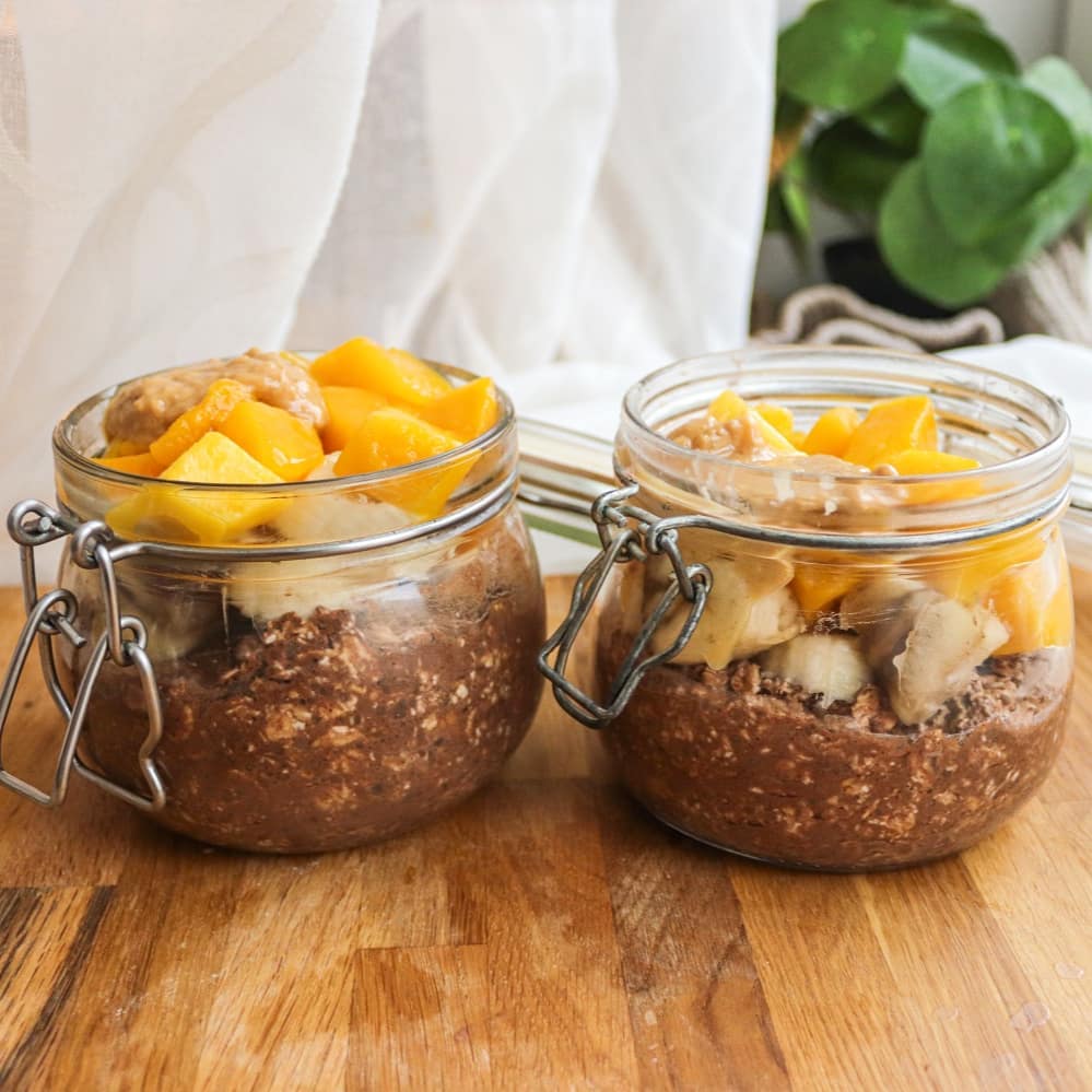 Chocolate Overnight Oats with Banana Mango