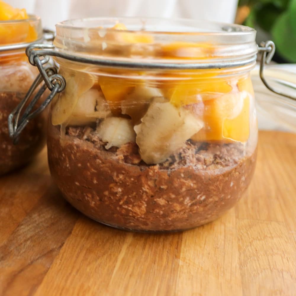 Chocolate Overnight Oats with Banana Mango