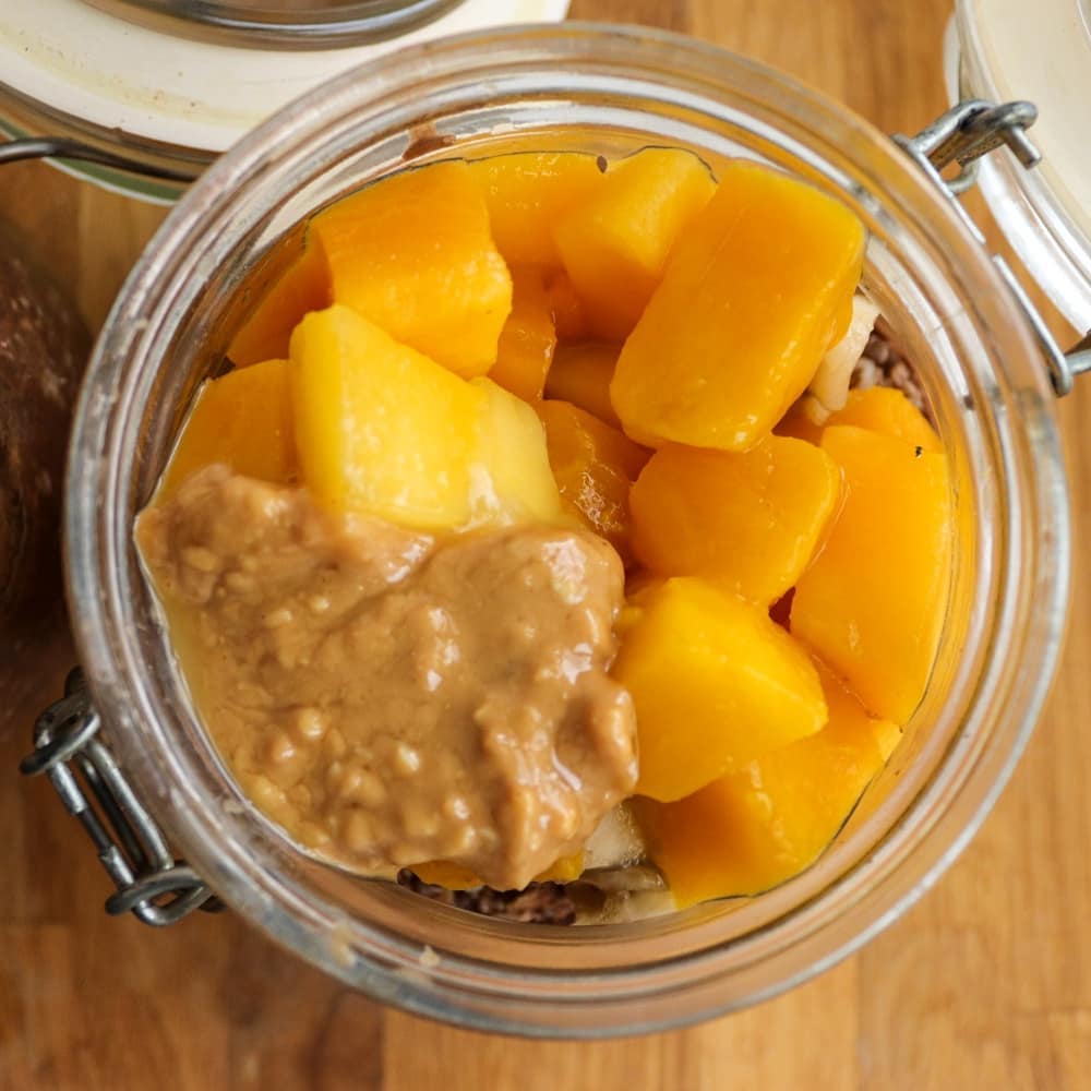 Chocolate Overnight Oats with Banana Mango