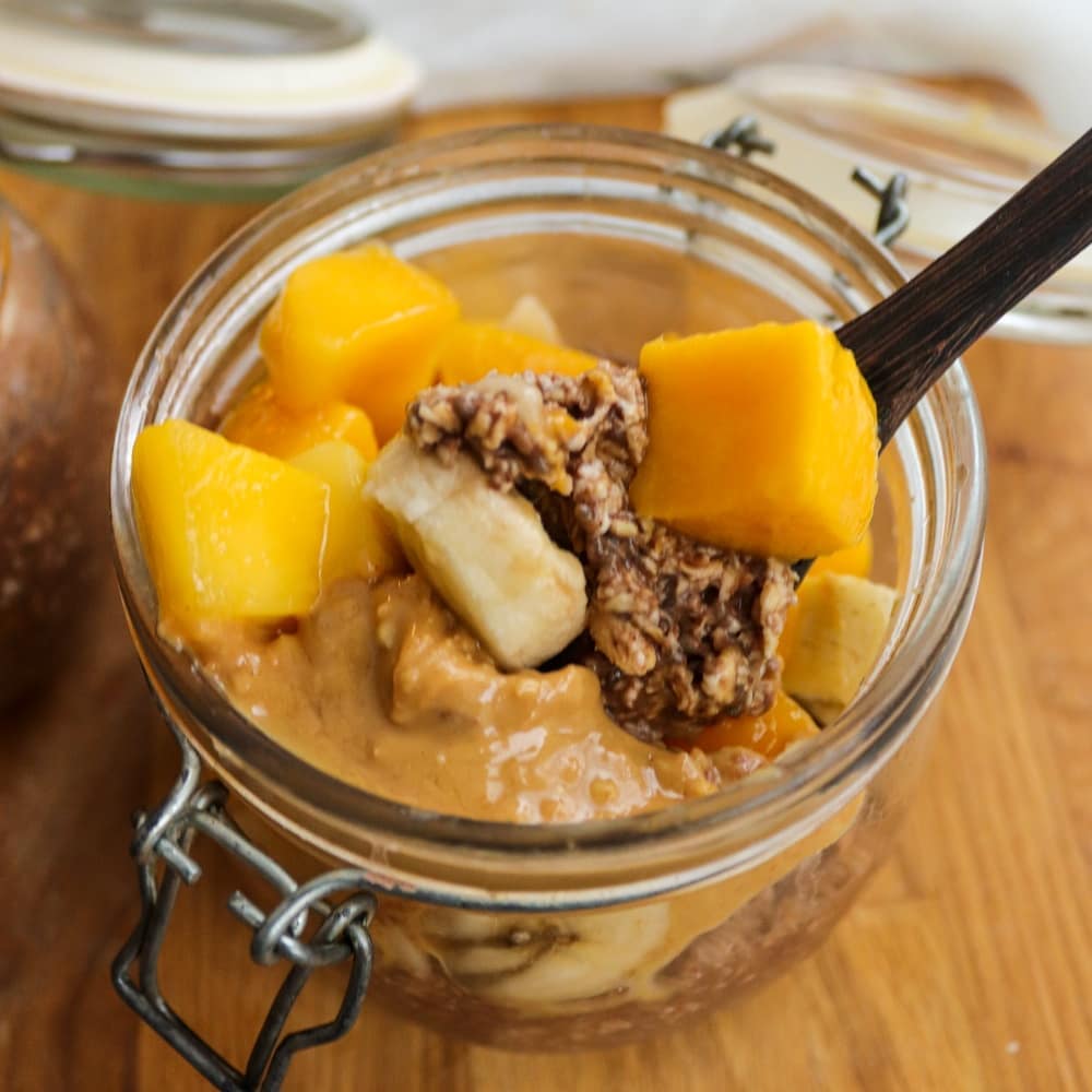 Chocolate Overnight Oats with Banana Mango