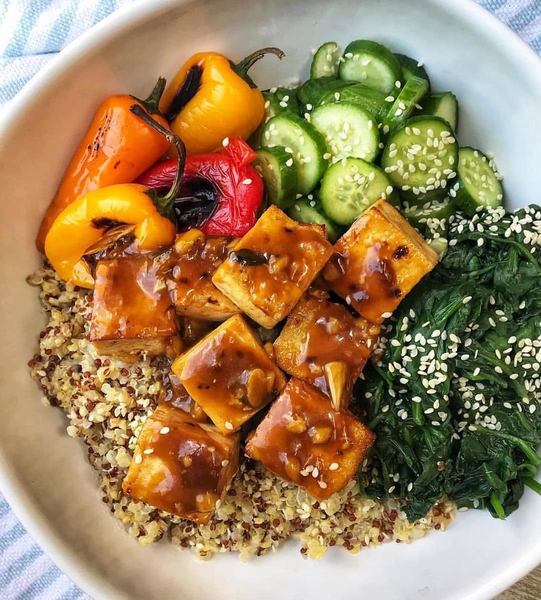 Orange Ginger Tofu with Sesame Spinach and Quinoa Blend