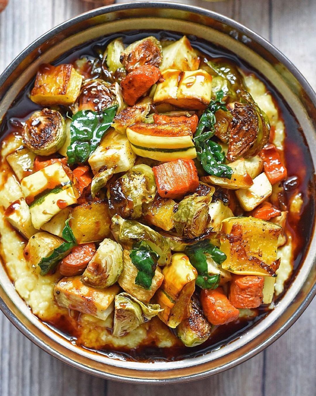 Roasted Vegetables and Creamy Polenta with Bacon Sauce