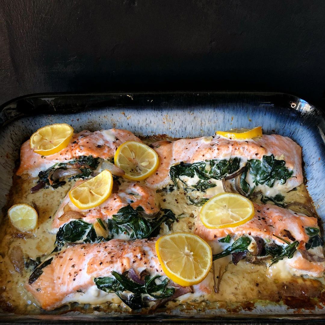 Stuffed Salmon Traybake with Vegetables