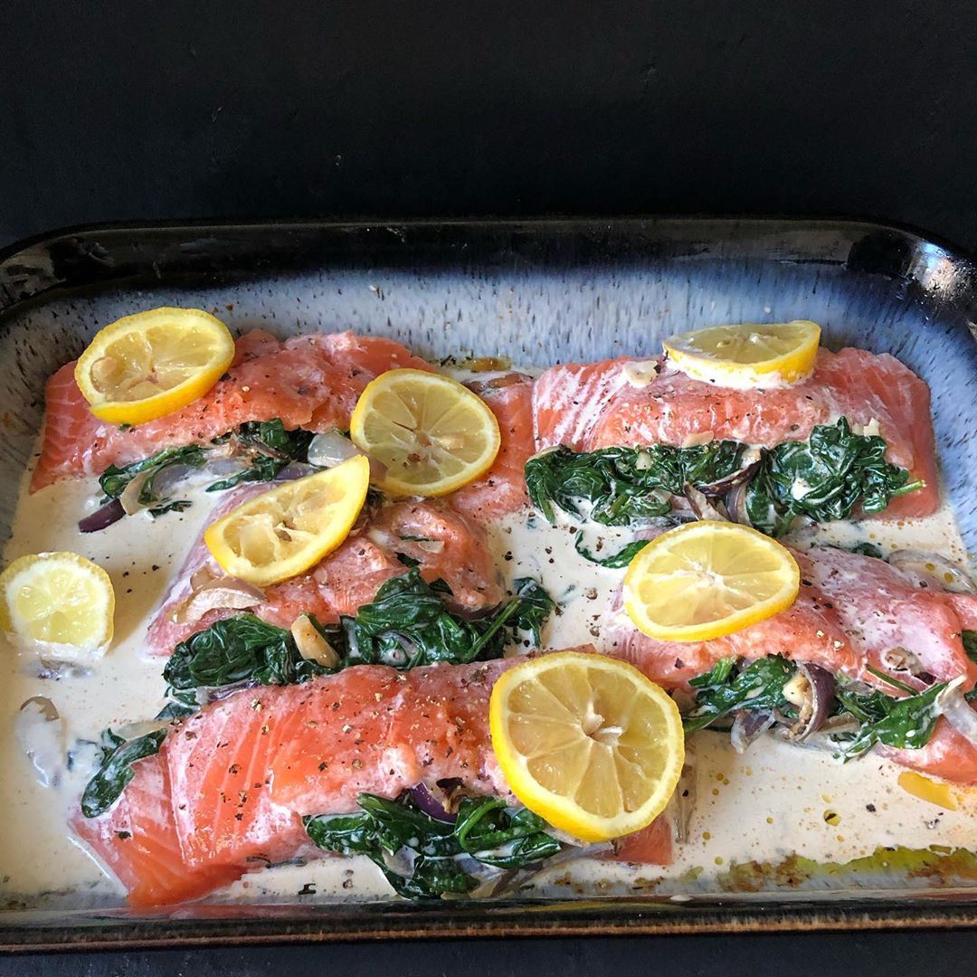 Stuffed Salmon Traybake with Vegetables