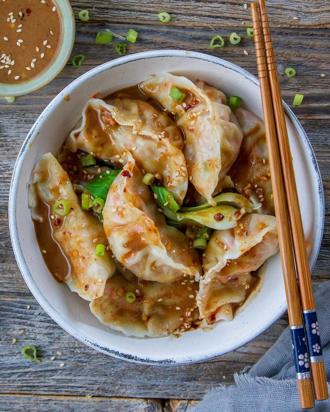 Vegan Dumplings with Spicy Nut Sauce