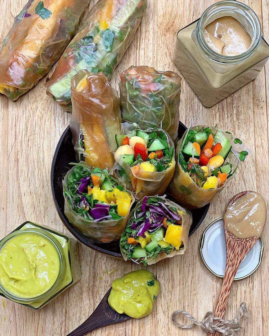 Vegan Spring Rolls with Mango and Peanut Sauces