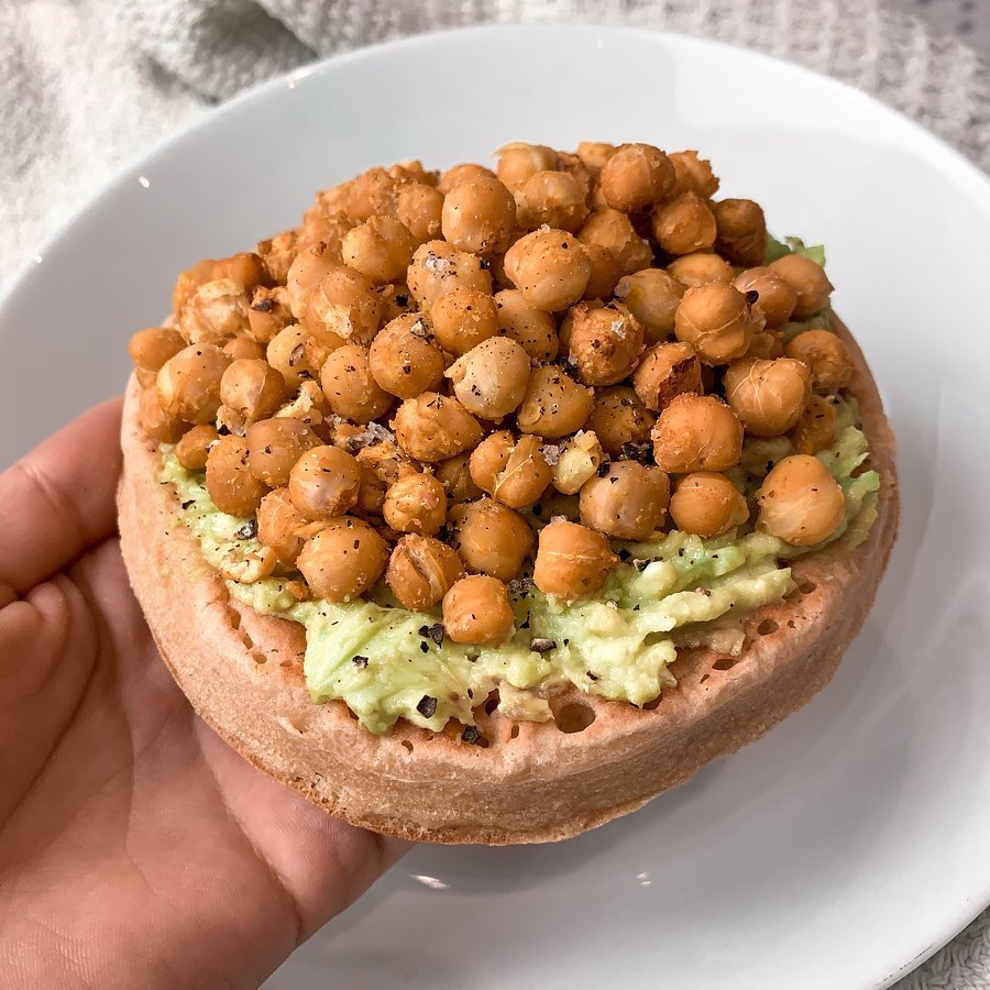 Cheesy Roasted Chickpeas with Smashed Avocado on Crumpet