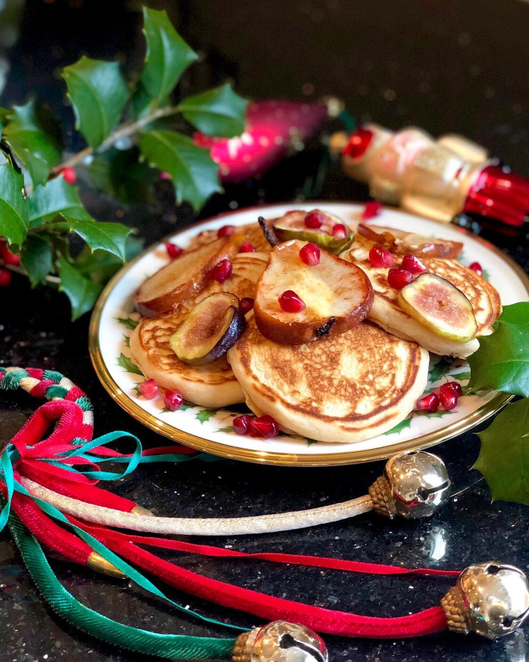 Vegan Pancakes with Pears Figs and Pomegranate