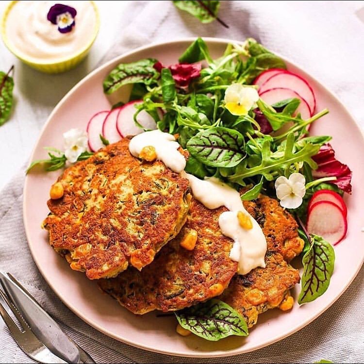 Chickpea and Zucchini Pancakes with Corn and Sun-Dried Tomatoes