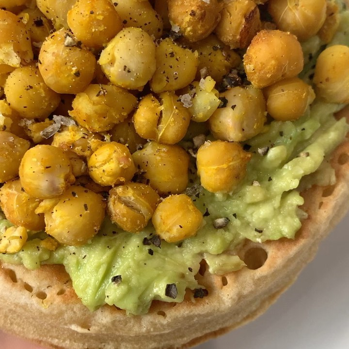 Cheesy Roasted Chickpeas with Smashed Avocado on Crumpet