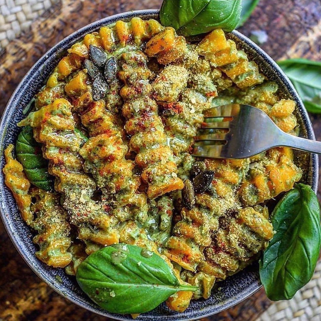Butternut Squash Fusilli with Avocado and Pumpkin Seed Butter Pesto