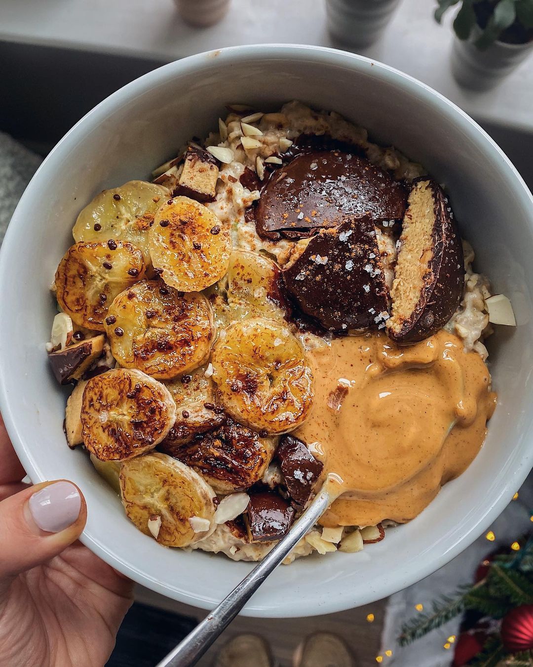 Salted Peanut Butter Chocolate Caramelized Banana Breakfast