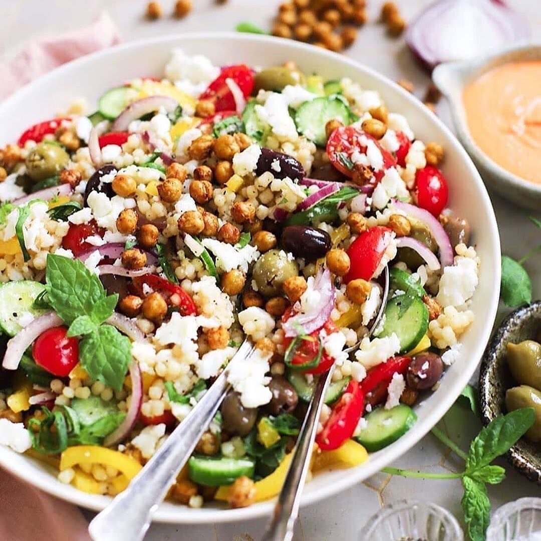 Pearl Couscous Salad with Chickpea Croutons and Roasted Pepper Dressing