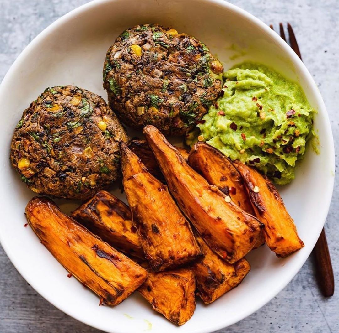 Smokey Black Bean and Corn Burgers with Guacamole