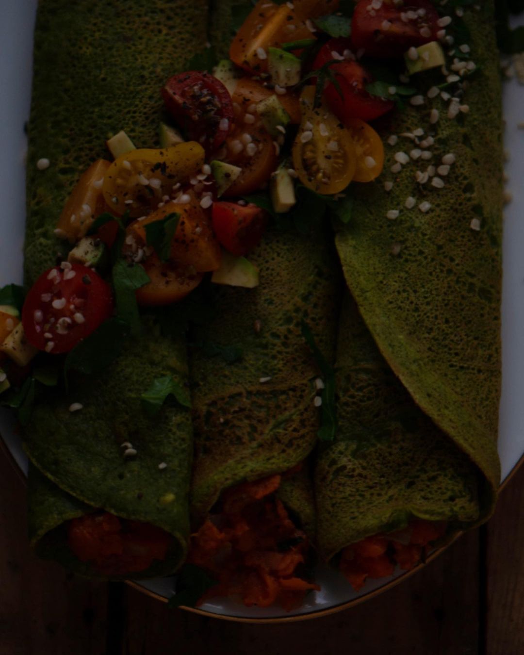 Vegan Kale Crepe with Spicy Sweet Potato Filling