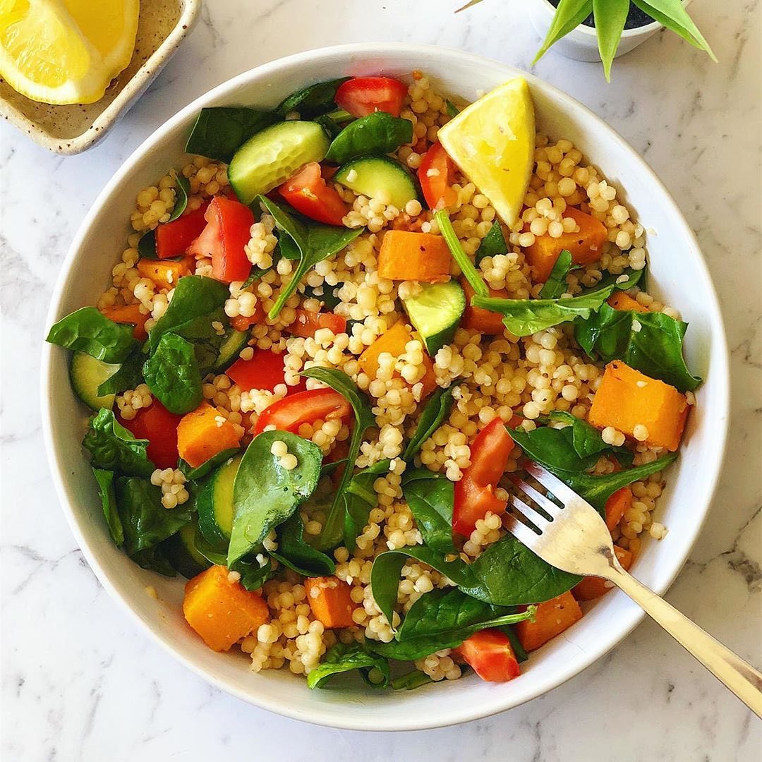 Pearl Couscous Salad with Baked Sweet Potato
