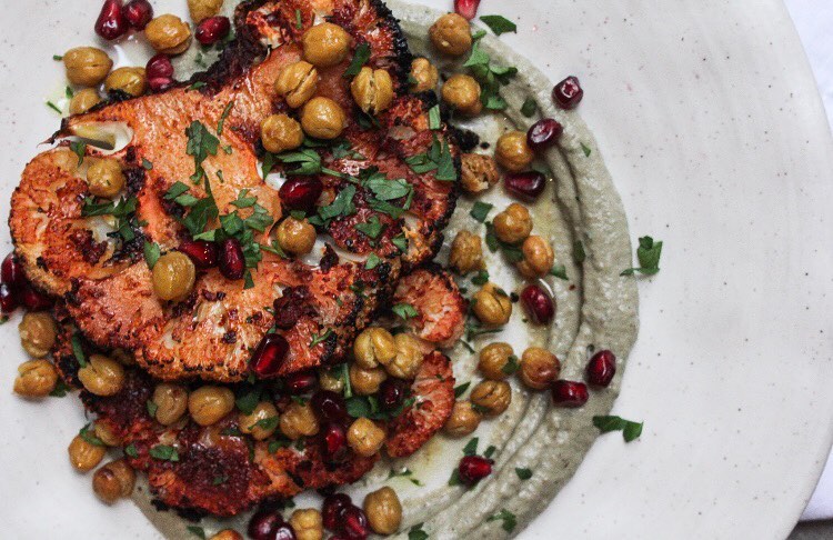 Harrissa Baked Cauliflower Steaks with Toppings