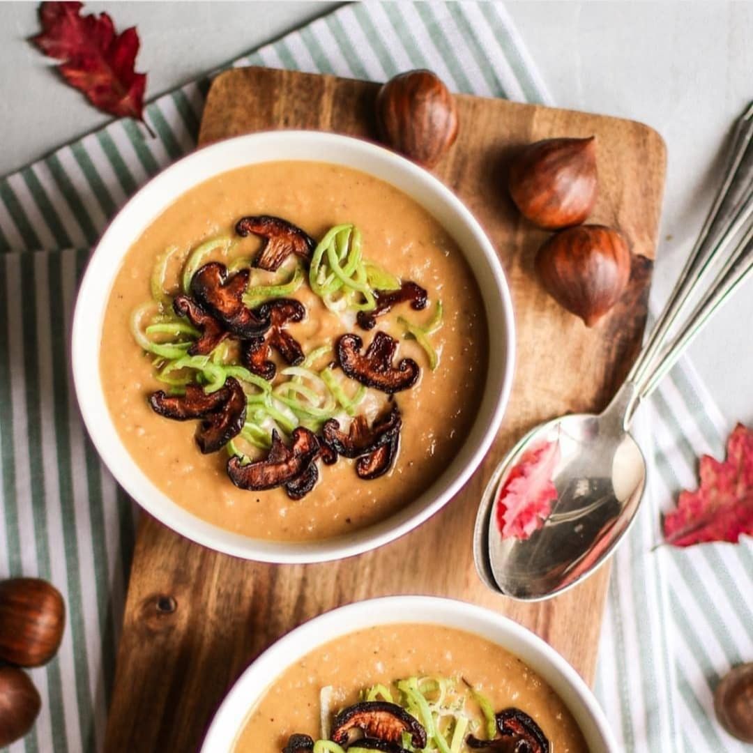 Creamy Chestnut Soup with Shiitake Bacon