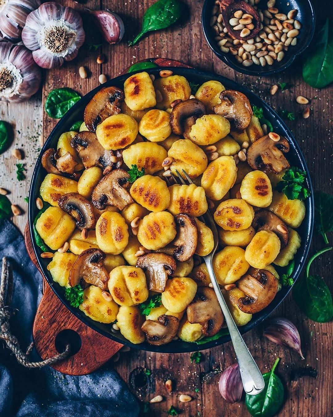 Crispy Roasted Vegan Gnocchi with Garlic Mushrooms