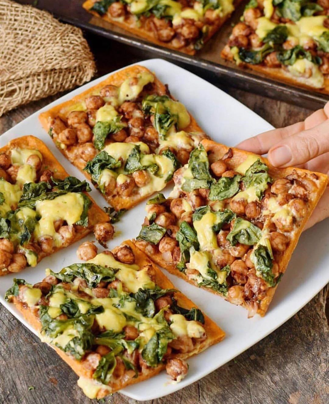 Chickpea Spinach Pizza with a Sweet Potato Crust