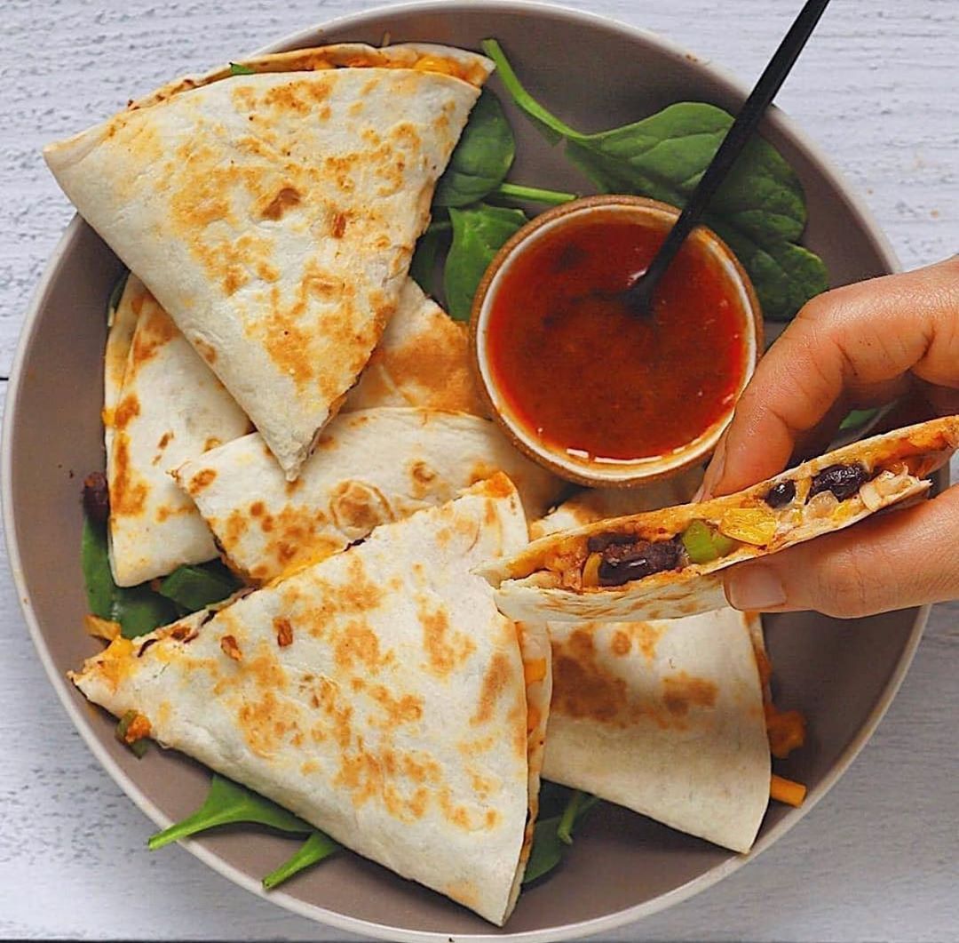 Buffalo Black Bean Roasted Veggie Quesadillas