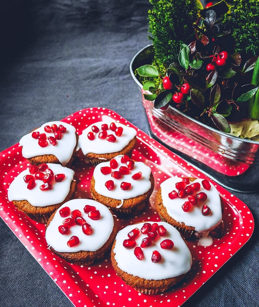 Vegan Gingerbread Muffins with Icing and Pomegranate