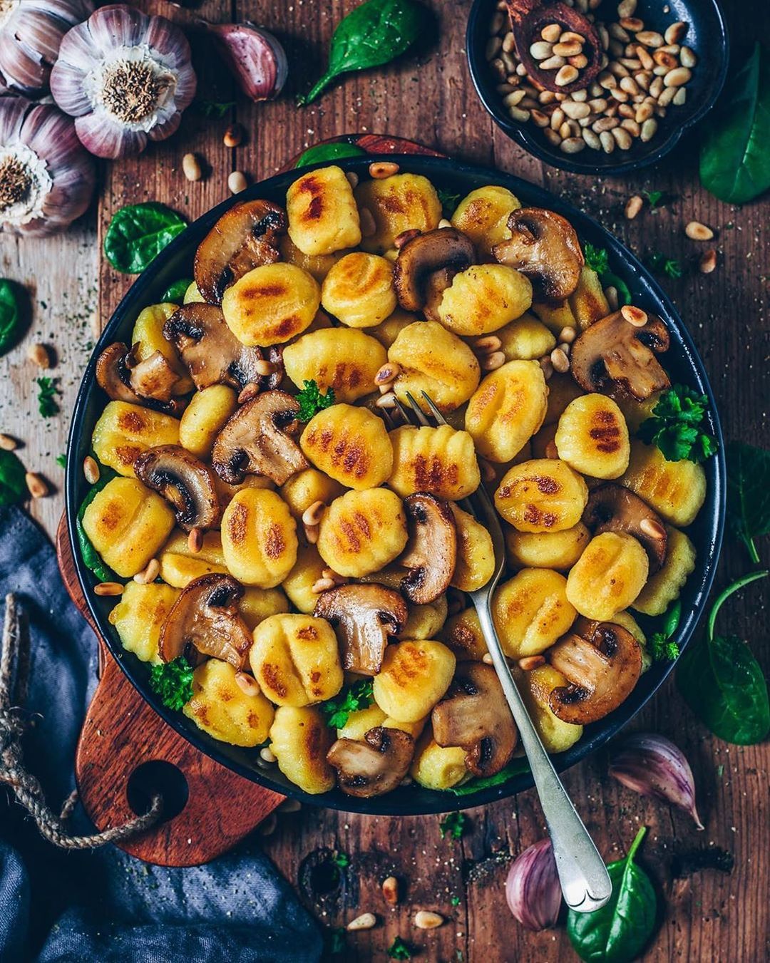 Crispy Roasted Vegan Gnocchi with Garlic Mushrooms