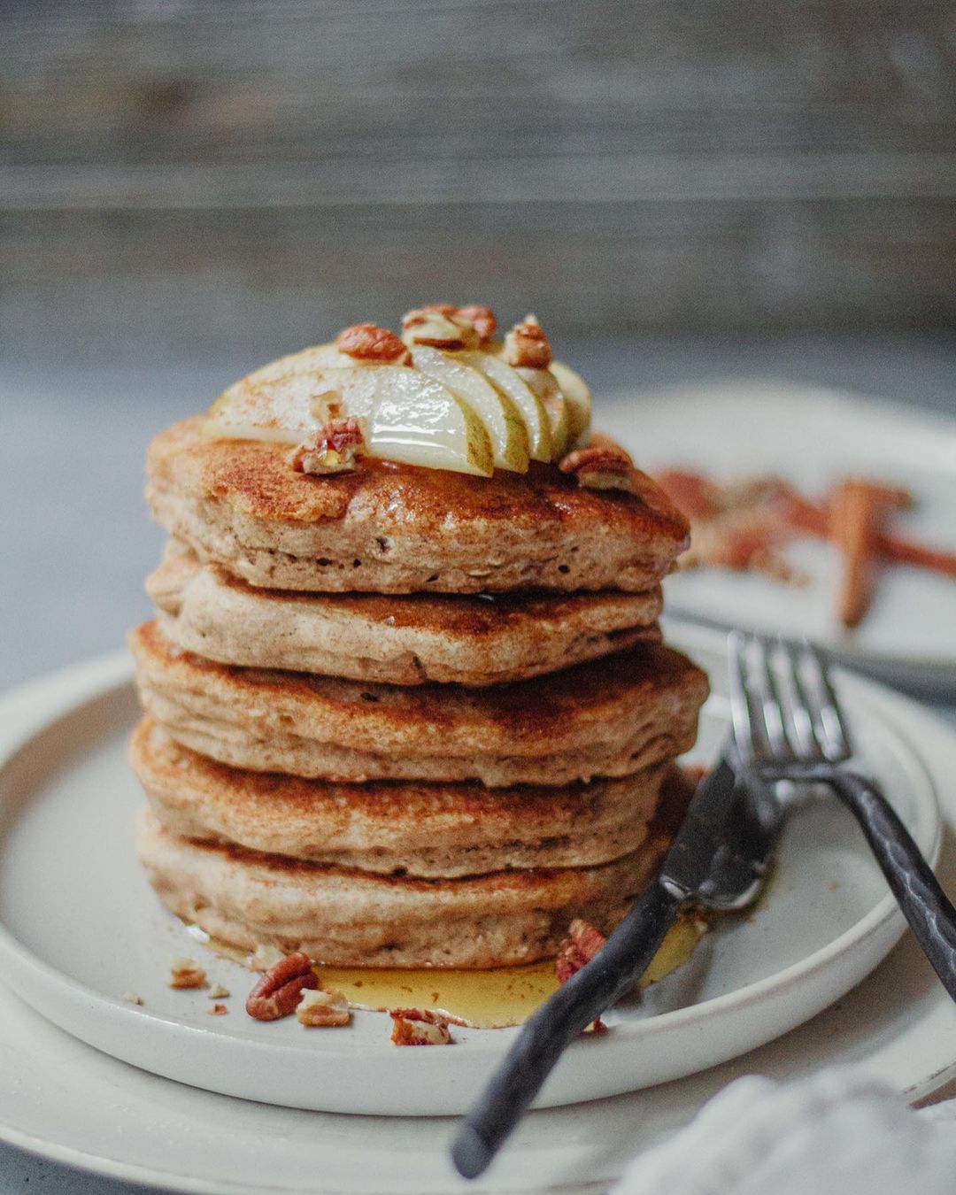 Super Fluffy Maple Cardamom Pancakes with Sliced Pear and Pecans
