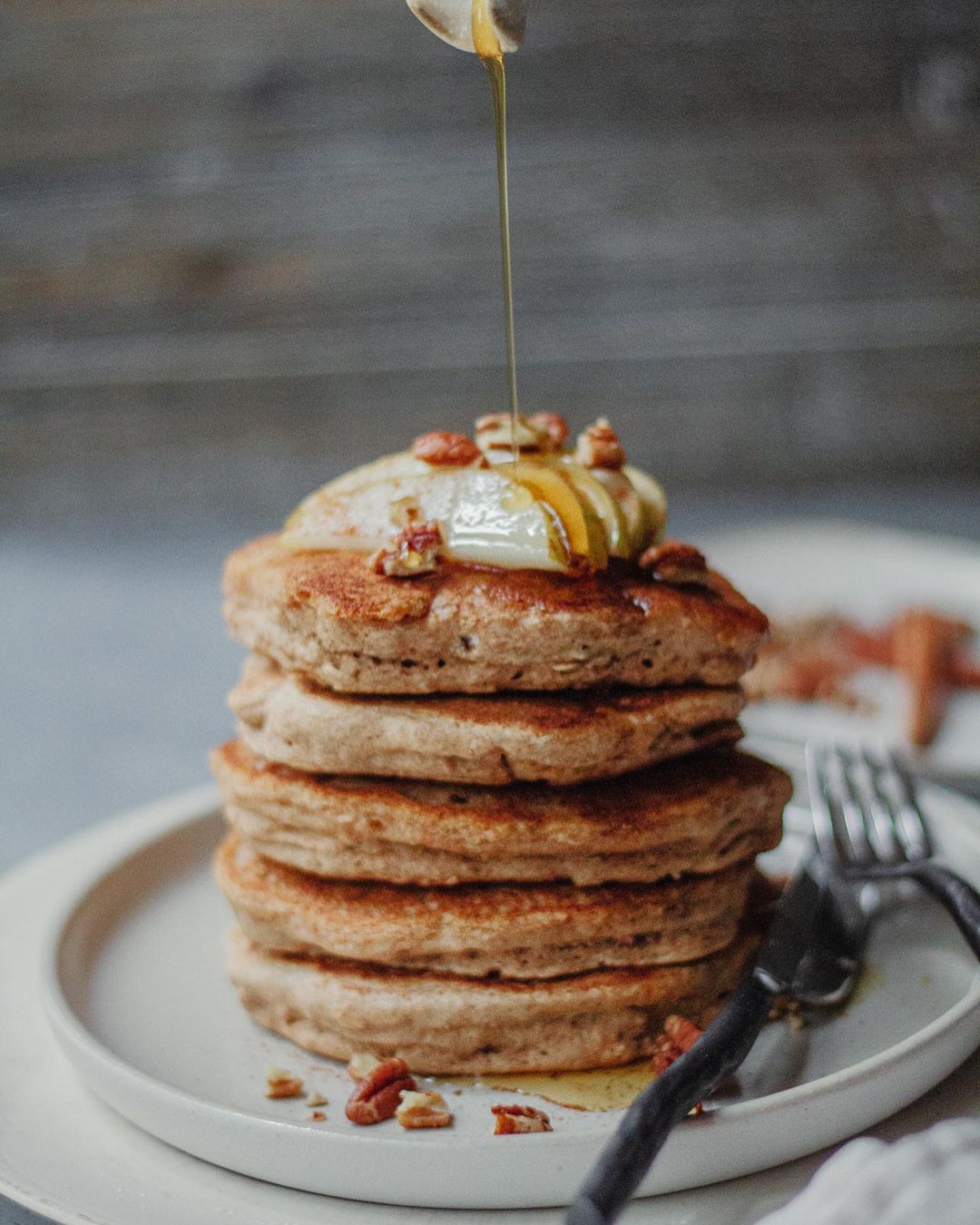 Super Fluffy Maple Cardamom Pancakes with Sliced Pear and Pecans
