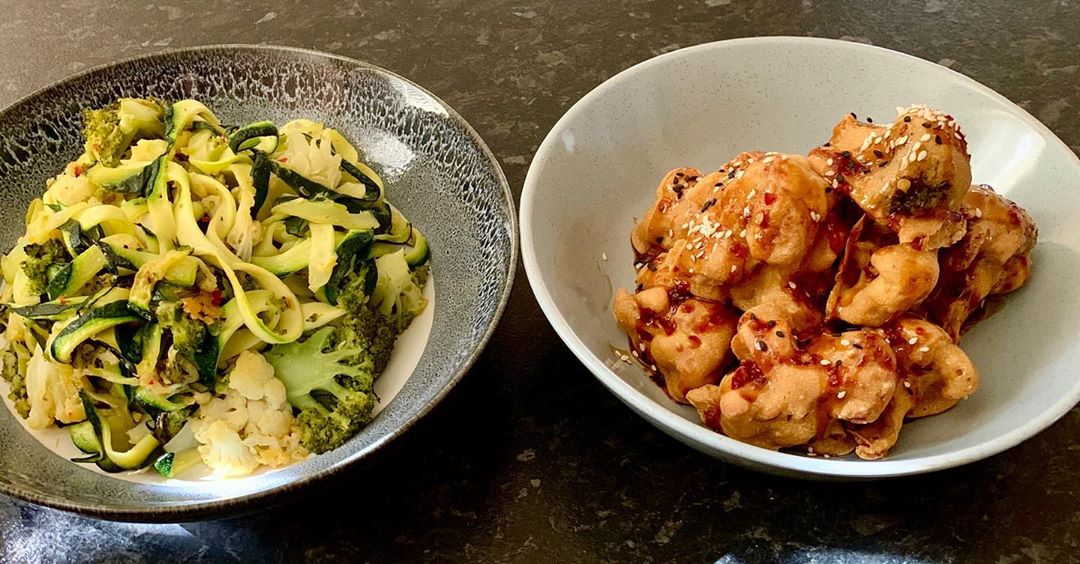 Broccoli Zucchini Pasta with Baked Cauliflower Bites
