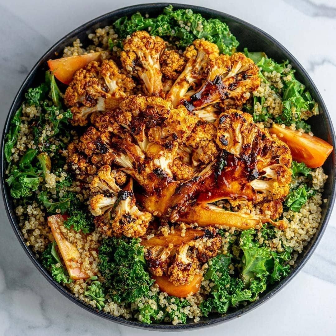 Smokey Cauliflower Steak with Roasted Quinoa and Kale Salad