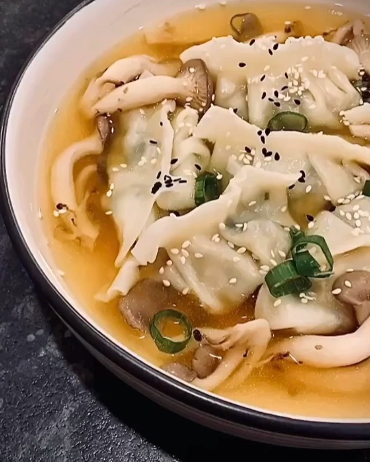 Vegetable Dumplings with Pearl Mushrooms Served with a Vegetable Broth